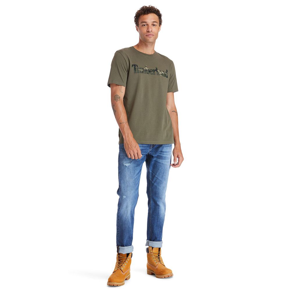 Timberland Mens T-Shirts Kennebec River Camo-Logo - Olive - India XR3719850